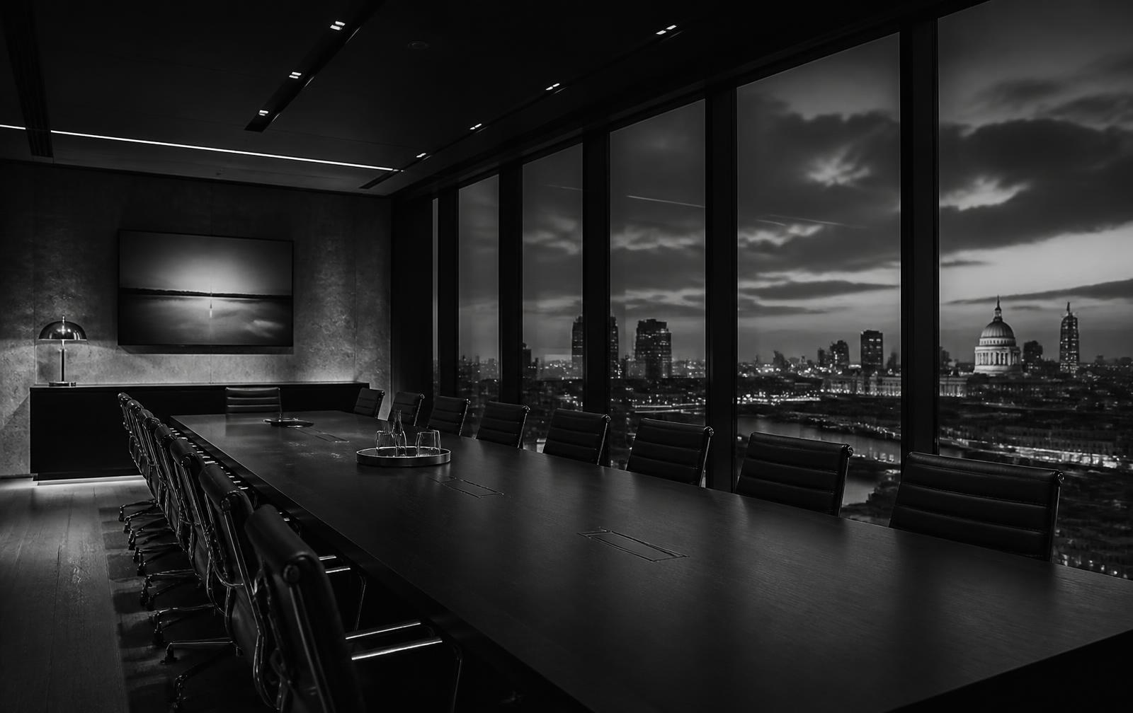 Empty boardroom at dusk